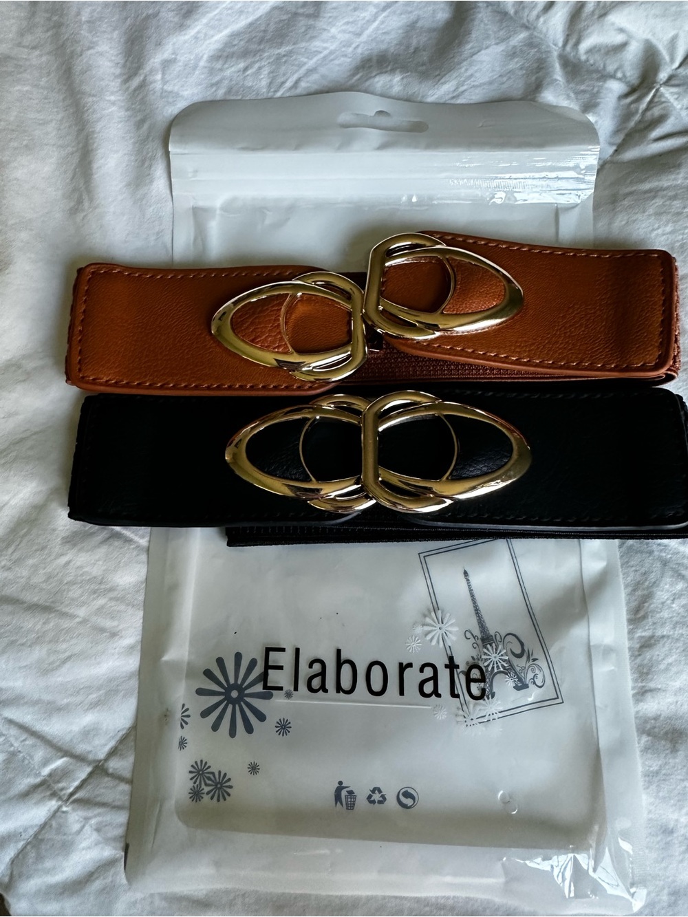 2 pack Woman’s Elastic Belt with Gold Interlocking Buckle Brown and Black. NWOT
